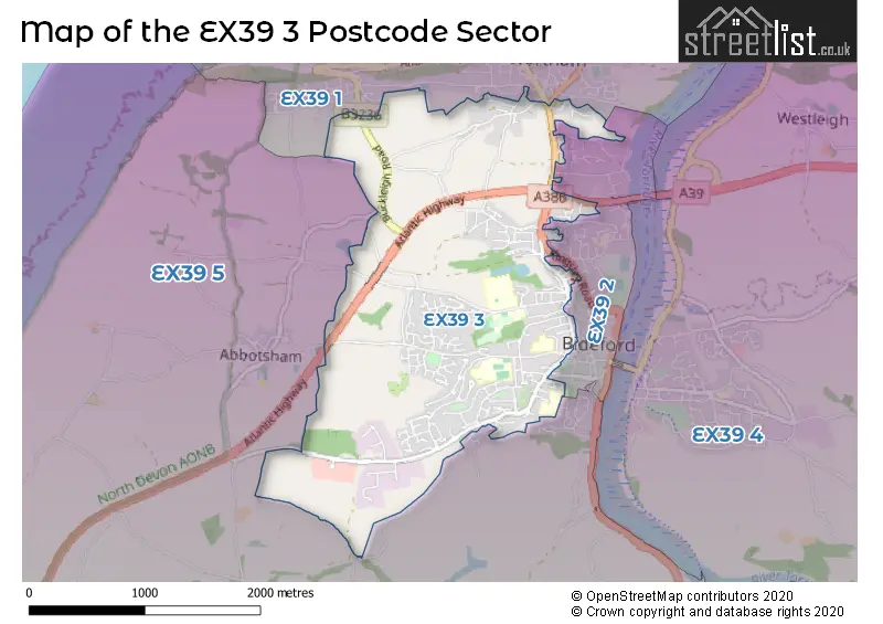 Map of the EX39 3 and surrounding postcode sector