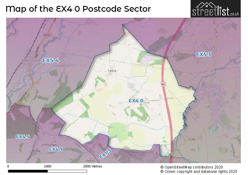 Map of the EX4 0 and surrounding postcode sector
