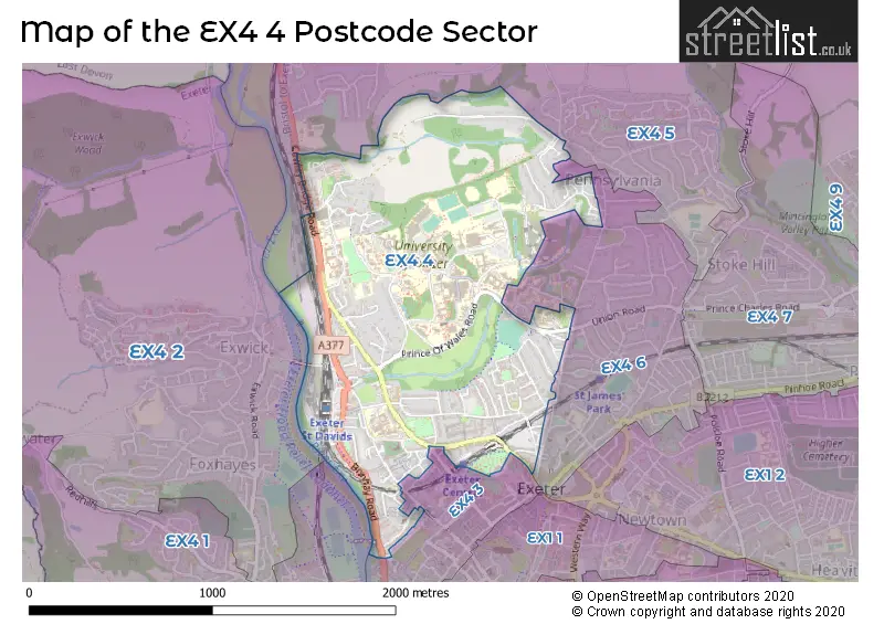 Map of the EX4 4 and surrounding postcode sector