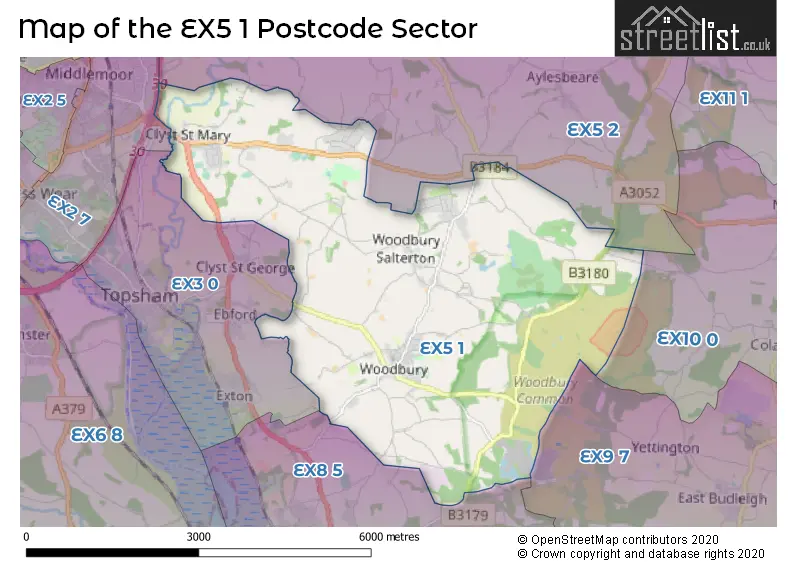 Map of the EX5 1 and surrounding postcode sector