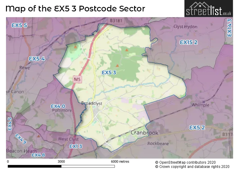 Map of the EX5 3 and surrounding postcode sector