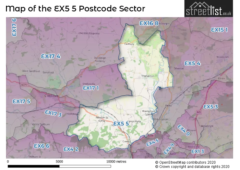 Map of the EX5 5 and surrounding postcode sector