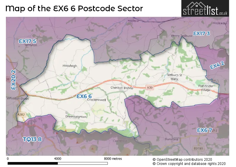 Map of the EX6 6 and surrounding postcode sector