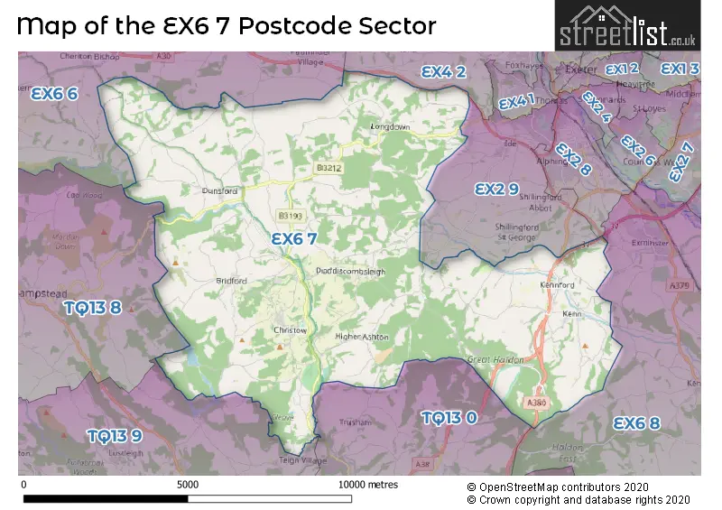 Map of the EX6 7 and surrounding postcode sector