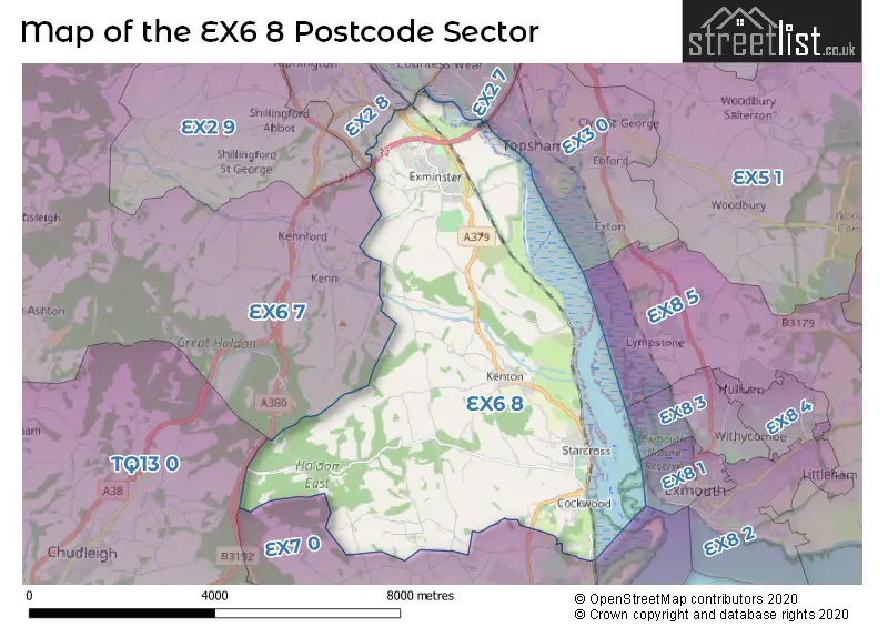 Map of the EX6 8 and surrounding postcode sector