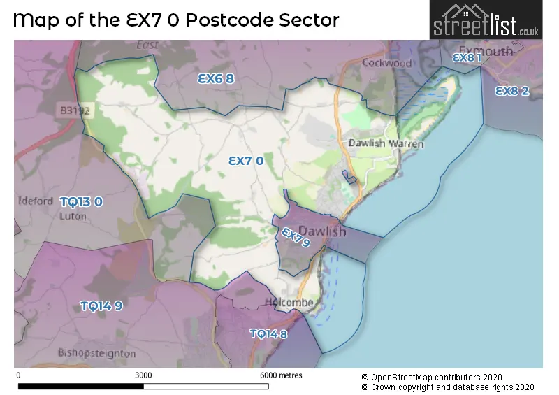 Map of the EX7 0 and surrounding postcode sector