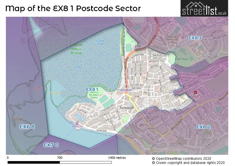 Map of the EX8 1 and surrounding postcode sector