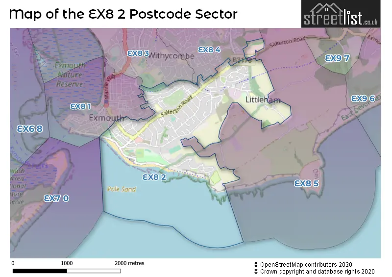 Map of the EX8 2 and surrounding postcode sector