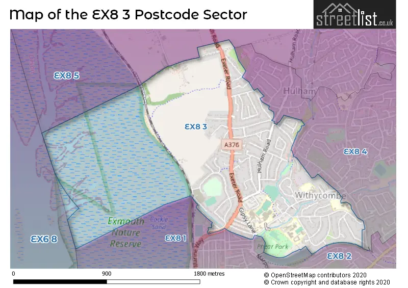 Map of the EX8 3 and surrounding postcode sector