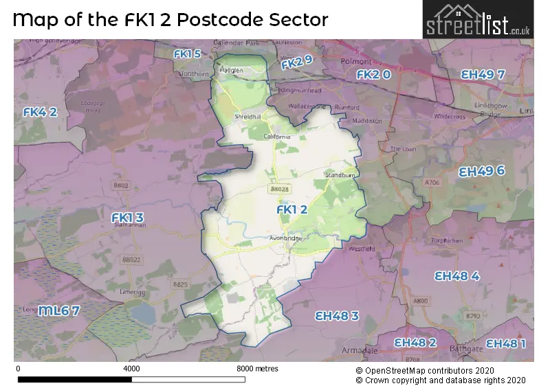 Map of the FK1 2 and surrounding postcode sector