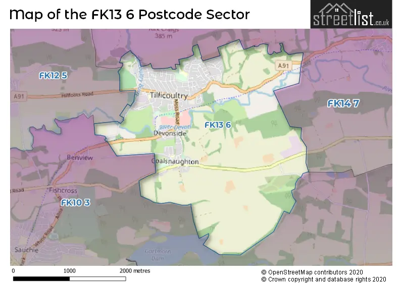 Map of the FK13 6 and surrounding postcode sector