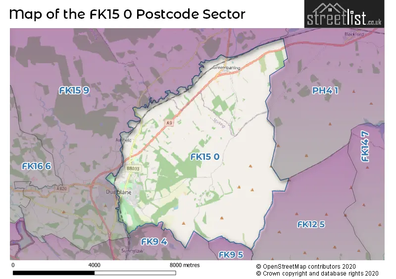 Map of the FK15 0 and surrounding postcode sector