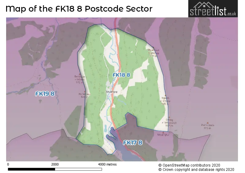 Map of the FK18 8 and surrounding postcode sector