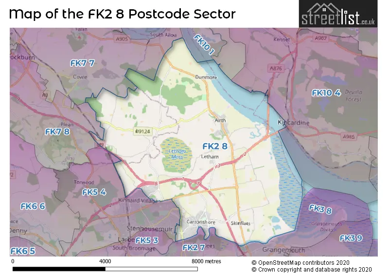 Map of the FK2 8 and surrounding postcode sector