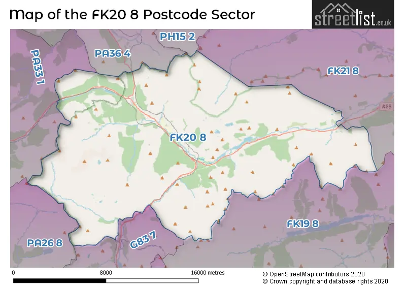 Map of the FK20 8 and surrounding postcode sector