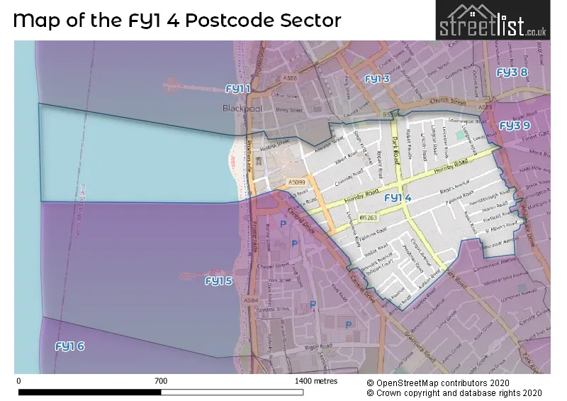 Map of the FY1 4 and surrounding postcode sector