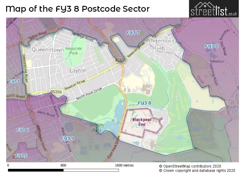 Map of the FY3 8 and surrounding postcode sector
