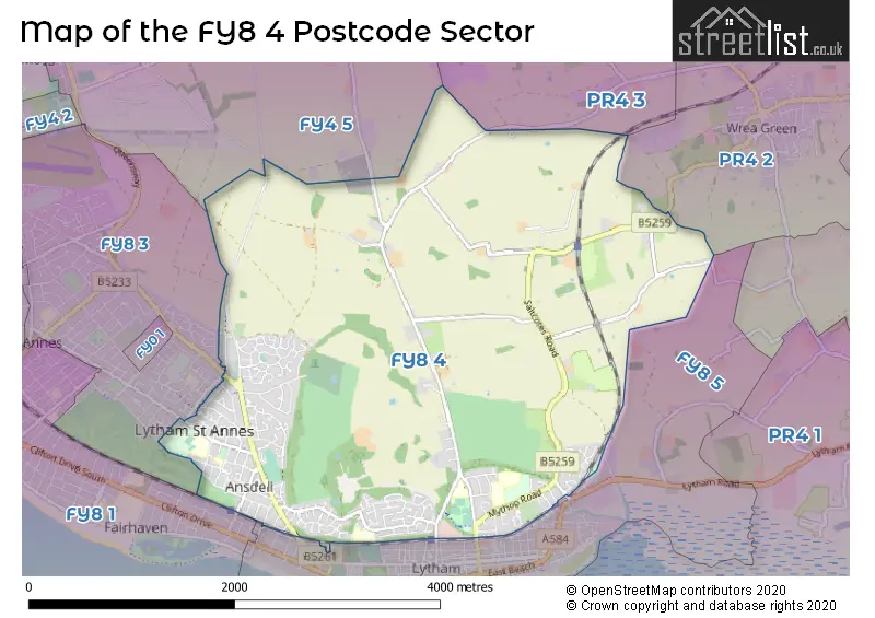 Map of the FY8 4 and surrounding postcode sector