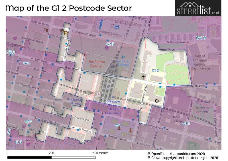 Map of the G1 2 and surrounding postcode sector