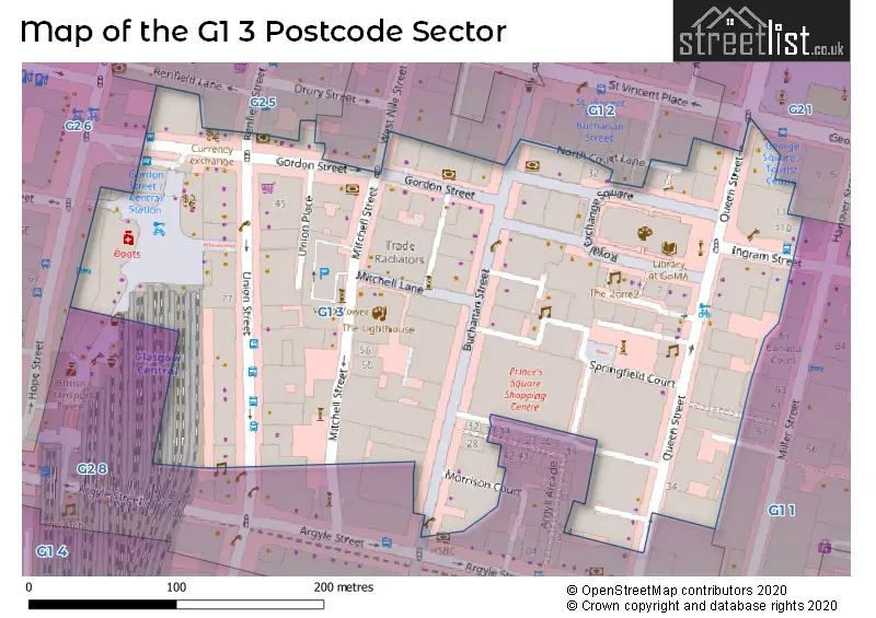 Map of the G1 3 and surrounding postcode sector