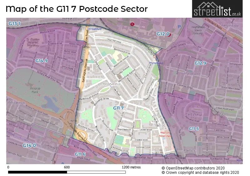 Map of the G11 7 and surrounding postcode sector