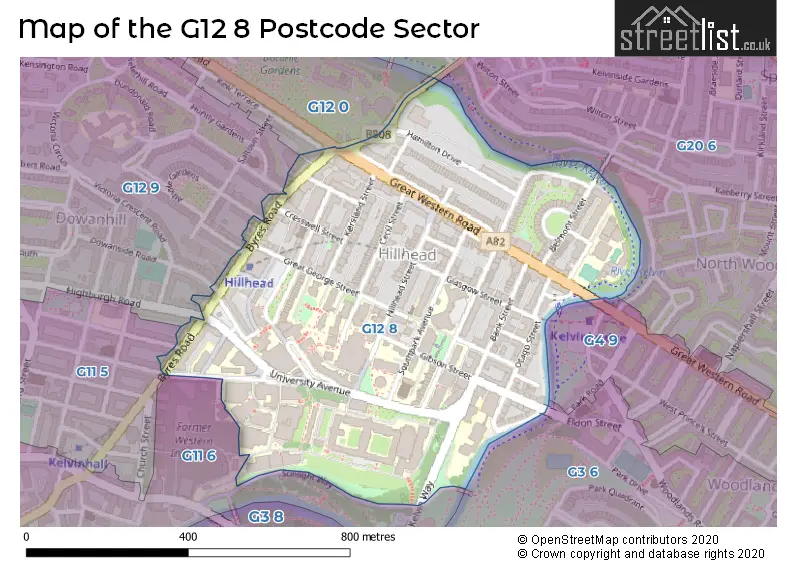 Map of the G12 8 and surrounding postcode sector