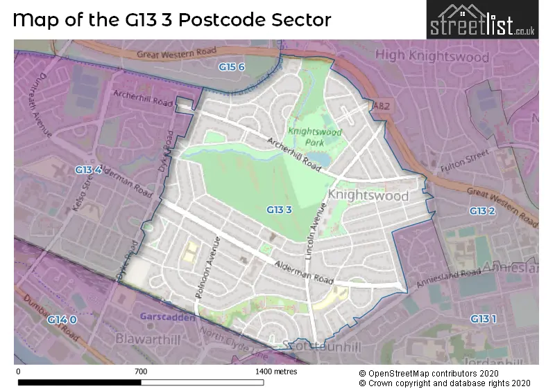 Map of the G13 3 and surrounding postcode sector