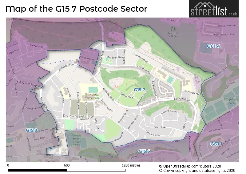 Map of the G15 7 and surrounding postcode sector