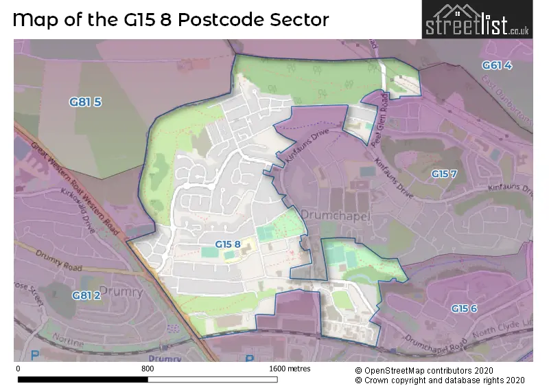 Map of the G15 8 and surrounding postcode sector