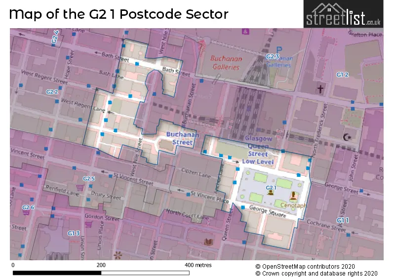 Map of the G2 1 and surrounding postcode sector