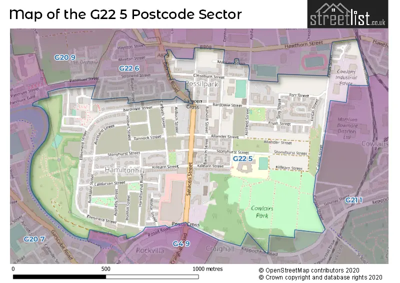 Map of the G22 5 and surrounding postcode sector