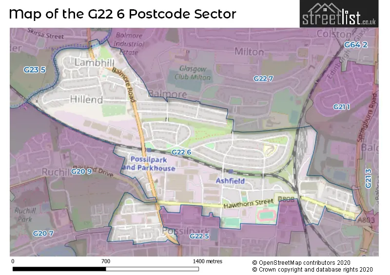 Map of the G22 6 and surrounding postcode sector
