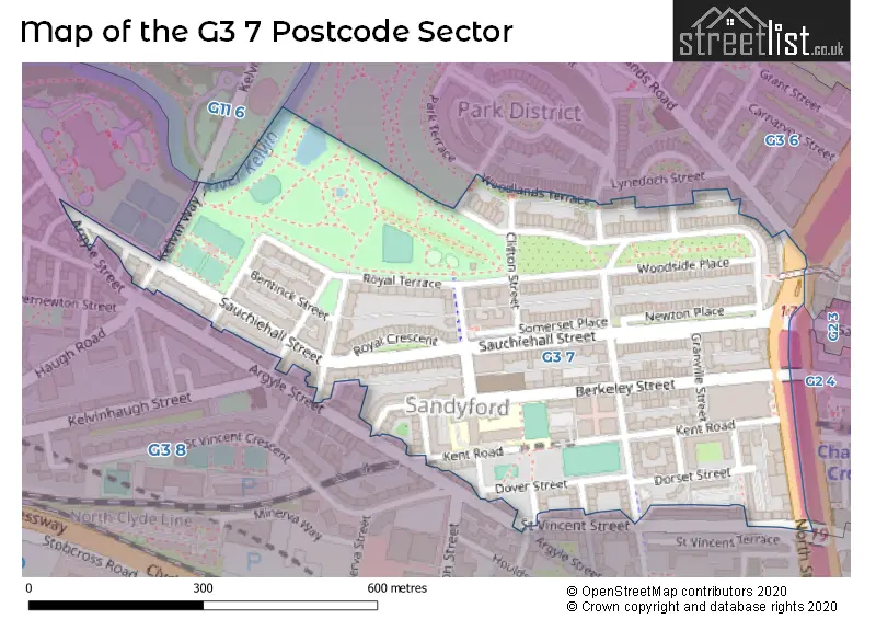 Map of the G3 7 and surrounding postcode sector