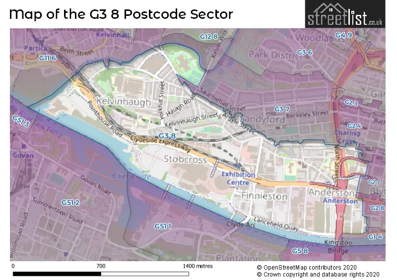 Map of the G3 8 and surrounding postcode sector