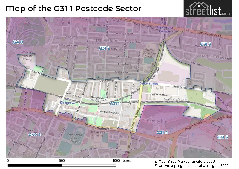 Map of the G31 1 and surrounding postcode sector