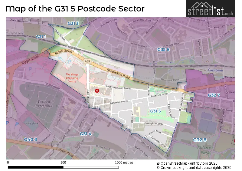 Map of the G31 5 and surrounding postcode sector