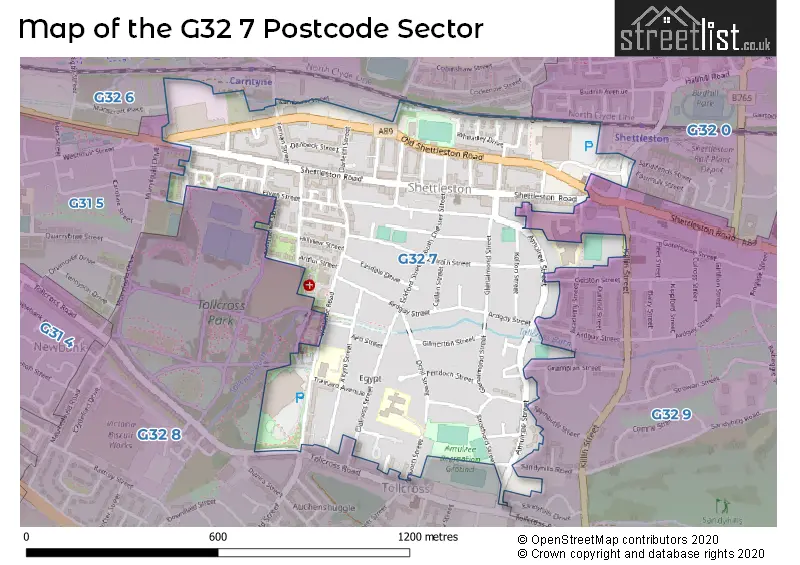 Map of the G32 7 and surrounding postcode sector