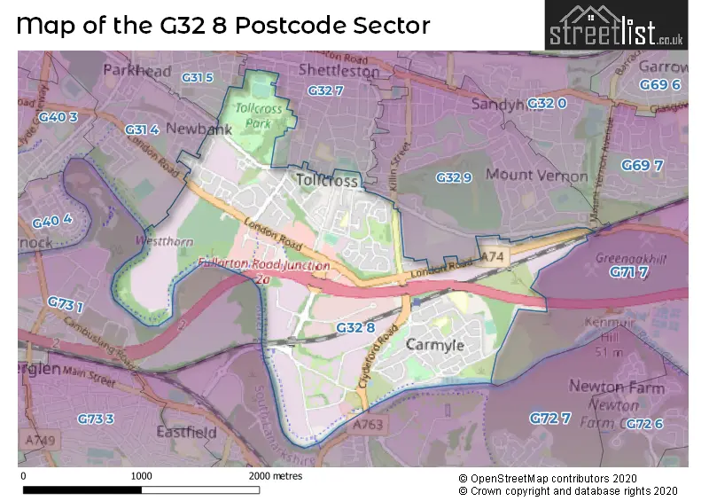 Map of the G32 8 and surrounding postcode sector