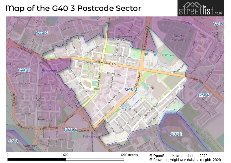 Map of the G40 3 and surrounding postcode sector
