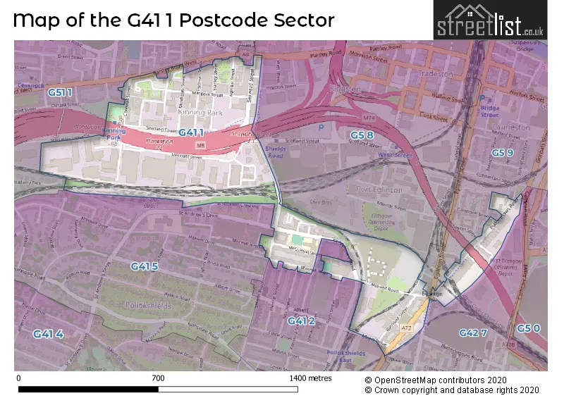 Map of the G41 1 and surrounding postcode sector