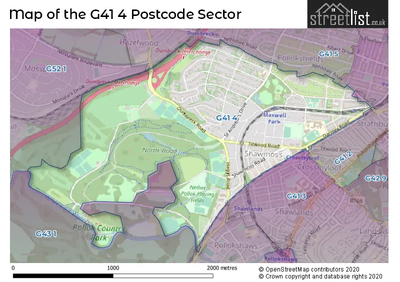 Map of the G41 4 and surrounding postcode sector