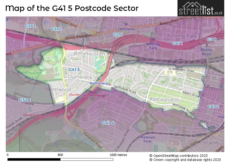 Map of the G41 5 and surrounding postcode sector