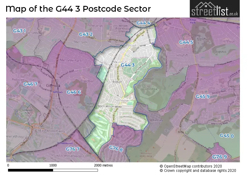 Map of the G44 3 and surrounding postcode sector