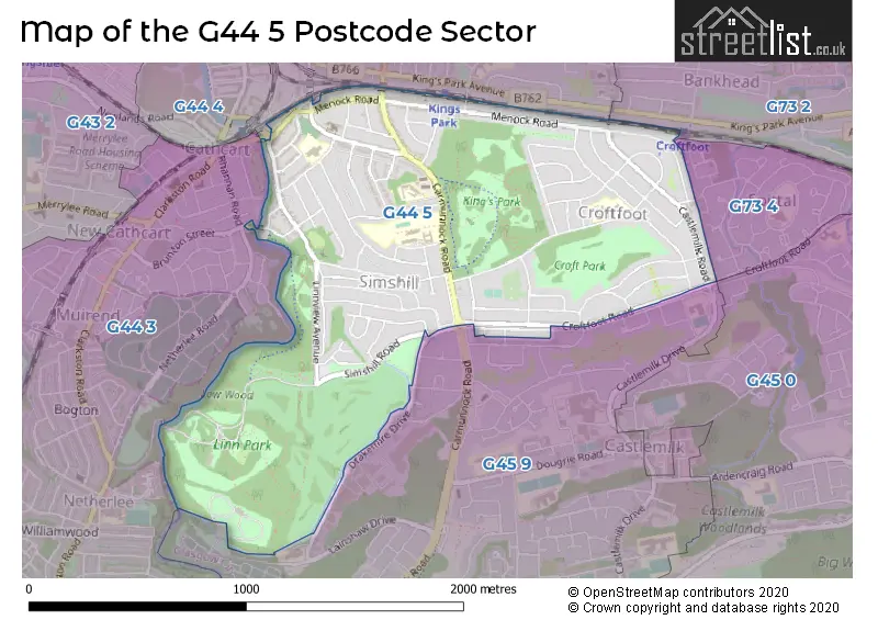 Map of the G44 5 and surrounding postcode sector