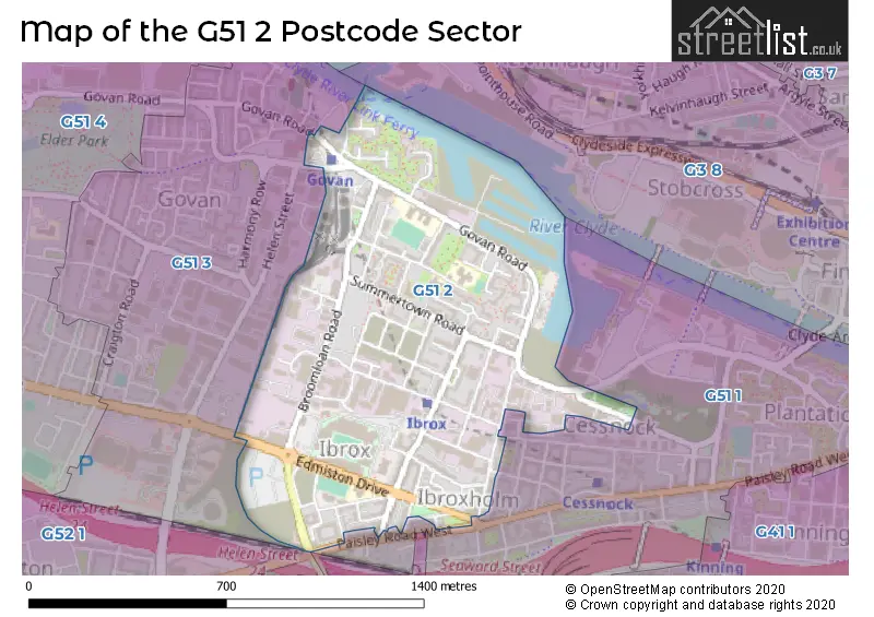 Map of the G51 2 and surrounding postcode sector