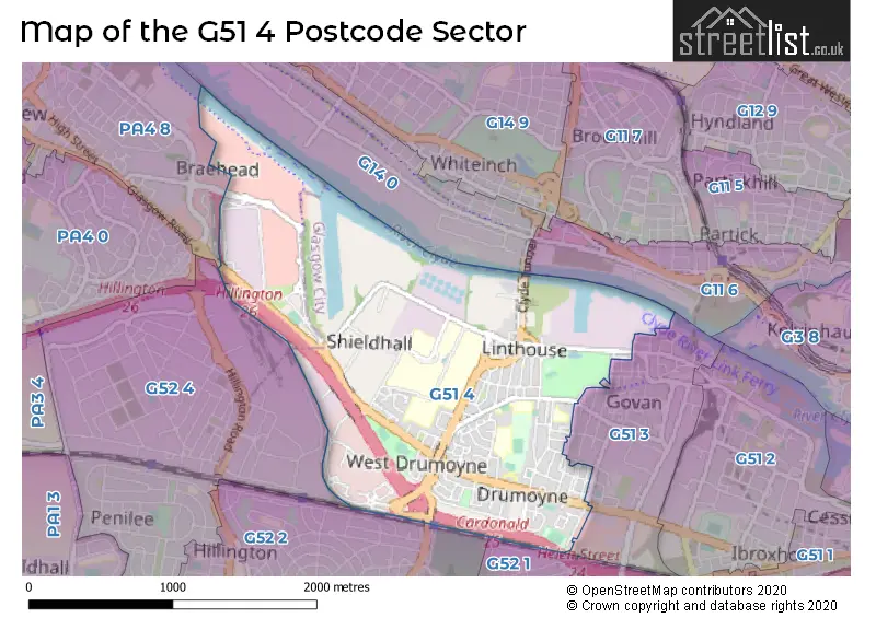Map of the G51 4 and surrounding postcode sector