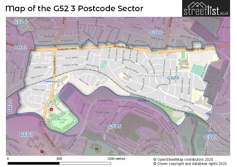 Map of the G52 3 and surrounding postcode sector