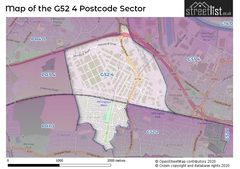 Map of the G52 4 and surrounding postcode sector