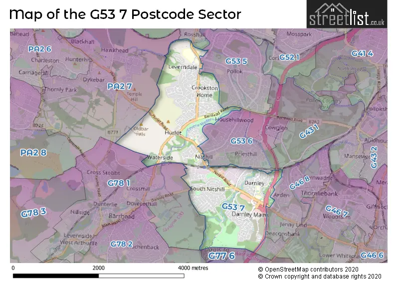 Map of the G53 7 and surrounding postcode sector