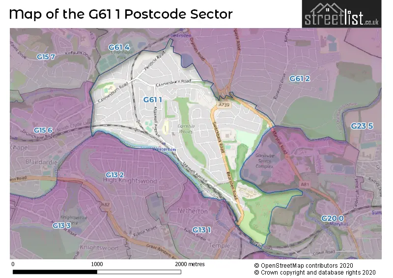 Map of the G61 1 and surrounding postcode sector